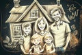 Kids drawing Happy family Mother, father, sister, brother Happy mom and dad with son and daughter Family house Children Royalty Free Stock Photo