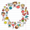 Kids drawing Kindergarten School Happy children play Illustration for kids Nursery Preschool Children icon Royalty Free Stock Photo