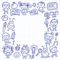 Kids drawing Kindergarten School Happy children play Illustration for kids Nursery Preschool Children icon