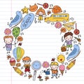 Kids drawing Kindergarten School Happy children play Illustration for kids Nursery Preschool Children icon Royalty Free Stock Photo