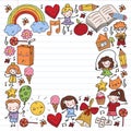 Kids drawing Kindergarten School Happy children play Illustration for kids Nursery Preschool Children icon Royalty Free Stock Photo