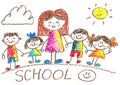 Kids drawing. Kindergarten. School. Happy children with teacher. Crayon illustration. Back to school image.