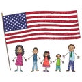 Kids Drawing. Latino American family with Flag of the USA. Vector illustration Royalty Free Stock Photo