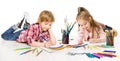 Kids Drawing and Painting. Child Creative Development. Preschooler Children Education and Active Playing lying down over White