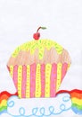 Kids drawing with pencil of a muffin with cherry on top and rainbow below