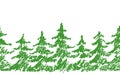 Crayon child`s drawing merry christmas tree pattern on white. Hand painting pastel chalk green color.