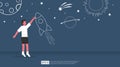 Kids drawing space and rocket vector illustration. Sun, moon, stars and planet symbol. Children or boy exploring universe with his