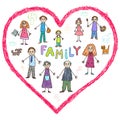 Kids Drawing. Big family in a heart-shaped frame Royalty Free Stock Photo