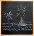Kids drawing sun palm island sailboat sea Royalty Free Stock Photo