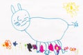 Kids drawings cat sunny day and flowers with crayons