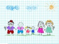 Kids drawings of happy family. Colored pencil hand drawn vector illustration