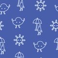 Kids drawn weather seamless pattern with sun, cloud and raindrop