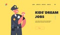 Kids Dream Jobs Landing Page Template. Kid Wear Cop Costume Eating Donut, Child Policeman, Officer Character Occupation