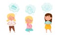 Kids with dream wishes in bubbles set. Children thinking about cake, cat and unicorn cartoon vector illustration