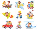 Kids drivers and pilots. Cute children in colorful childish transport, smiling boys and girls driving helicopters and