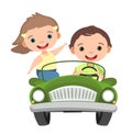 Kids drives a car. Green childrens automobile. Boy and girl. Toy vehicle. With a motor. Nice passenger auto. Pedal or