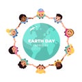 Kids earth world day. Children hold hands around globe, multicultural boys and girls closed circle, friends lead round Royalty Free Stock Photo