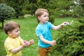 Kids on Easter egg hunt in blooming spring garden. Children searching for colorful eggs in flower meadow. Toddler boy and his brot Royalty Free Stock Photo