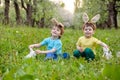 Kids on Easter egg hunt in blooming spring garden. Children searching for colorful eggs in flower meadow. Toddler boy and his brot Royalty Free Stock Photo