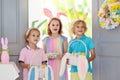 Kids Easter egg hunt. Child and eggs, bunny ears Royalty Free Stock Photo