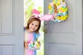 Kids Easter egg hunt. Child and eggs, bunny ears Royalty Free Stock Photo