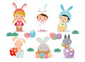 Kids and Easter eggs, Basket with rabbit and Easter, characters and icons on white background. Vector illustration.