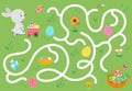 Kids easter maze game. Eggs hunter with cute cartoon bunny. Find right way, children paper play labyrinth. Springtime