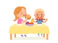 Kids eat food, hungry boy holding skewer with meat, cute little girl eating yummy burger