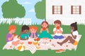 Kids eat picnic food, happy children friends spend fun time on picnic together in garden
