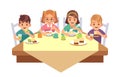 Kids eat together. Children eating dinner cafe restaurant happy child breakfast lunch fast food dining friends cartoon Royalty Free Stock Photo