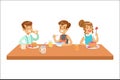 Kids Eating Brekfast And Lunch Food And Drinking Soft Drinks Set Of Cartoon Characters Enjoying Their Meal Sitting At