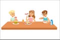 Kids Eating Brekfast And Lunch Food And Drinking Soft Drinks Set Of Cartoon Characters Enjoying Their Meal Sitting At Royalty Free Stock Photo
