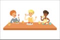 Kids Eating Brekfast And Lunch Food And Drinking Soft Drinks Set Of Cartoon Characters Enjoying Their Meal Sitting At Royalty Free Stock Photo