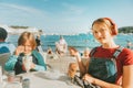 Kids eating ice cream in outdoor summer cafe Royalty Free Stock Photo