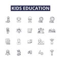 Kids education line vector icons and signs. childcare, curriculum, school, teaching, literacy, development, sports