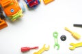 Kids educational developing toys frame on white background. Top view. Flat lay. Copy space for text Royalty Free Stock Photo