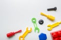 Kids educational developing toys frame on white background. Top view. Flat lay. Copy space for text Royalty Free Stock Photo