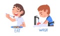 Kids engaged in different activities set. Eat and wash action verbs for children education cartoon cartoon vector