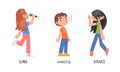 Kids engaged in different activities set. Sing, whistle and dance action verbs for children education cartoon vector