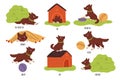 Kids English prepositions. Childish education. Cute puppy with objects. Dog plays with ball. Animal eats and sleeps in Royalty Free Stock Photo