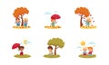 Kids Enjoying Autumn and Spring Season Walking Outdoor Vector Set. Royalty Free Stock Photo