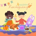 Kids are enjoying Thanksgiving dinner with their pet rabbit sitting down to a roast turkey and pudding at the table with Royalty Free Stock Photo