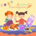 Kids are enjoying Thanksgiving dinner with their pet rabbit sitting down to a roast turkey and pudding at the table with Royalty Free Stock Photo