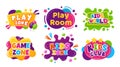Kids entertainment badges. Cartoon colorful banners with balloons, splashes and start for playroom or game zone