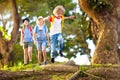 Kids explore nature. Children hike in sunny park