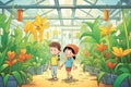 kids exploring a greenhouse filled with exotic plants