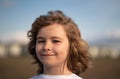 Kids face closeup, happy faces. Funny child face close up. Kids head portrait. Closeup eyes of blonde kid. Funny kids Royalty Free Stock Photo