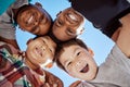 Kids, face and happy with friends group, diversity and support with trust and together bonding outdoor. Team, community Royalty Free Stock Photo