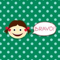 Kids face vector illustration. Vector Achievement school Labels. Emoji portrait with dots background and Bravo word