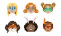 Kids Faces with Animals Painting Set, Butterfly, Rabbit, Fox, Native American Indian Vector Illustration Royalty Free Stock Photo